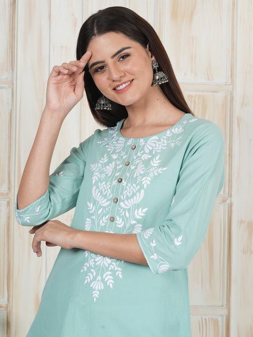 Light Sea Green Hand Embroidered Long Kurti