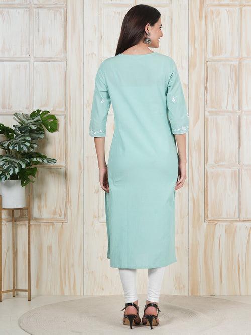 Light Sea Green Hand Embroidered Long Kurti