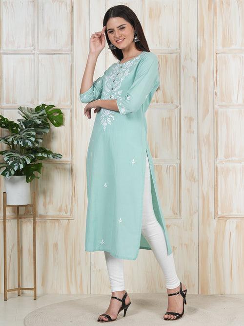 Light Sea Green Hand Embroidered Long Kurti