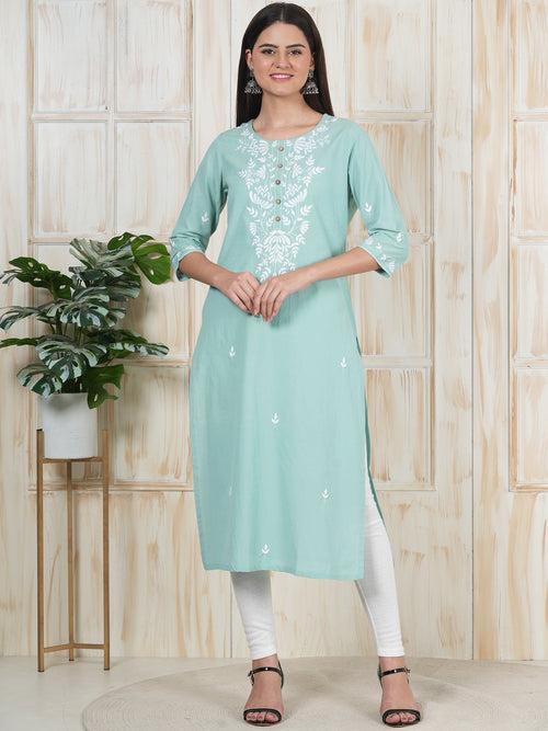 Light Sea Green Hand Embroidered Long Kurti