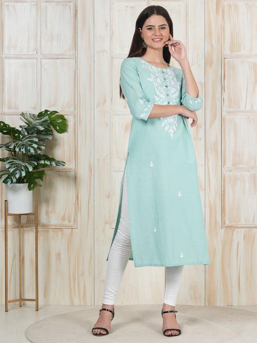 Light Sea Green Hand Embroidered Long Kurti