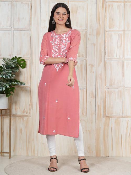 Coral Pink Hand Embroidered Long Kurti