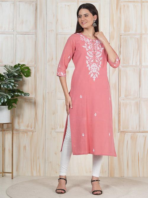 Coral Pink Hand Embroidered Long Kurti