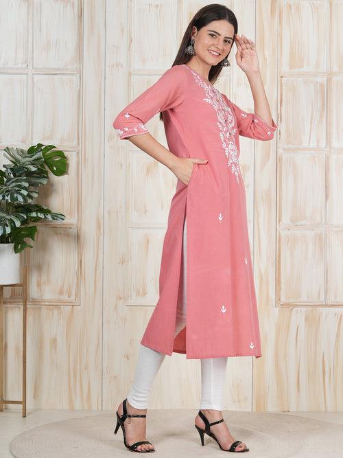 Coral Pink Hand Embroidered Long Kurti