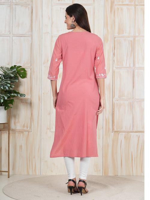 Coral Pink Hand Embroidered Long Kurti