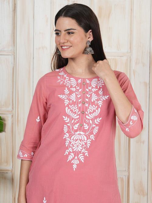 Coral Pink Hand Embroidered Long Kurti