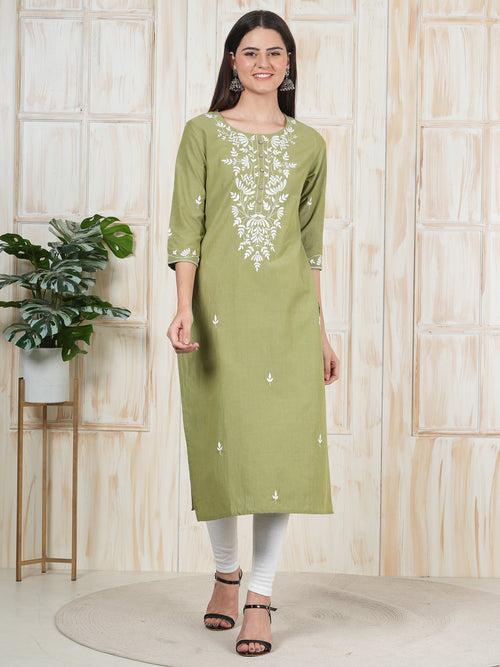 Army Green Hand Embroidered Long Kurti