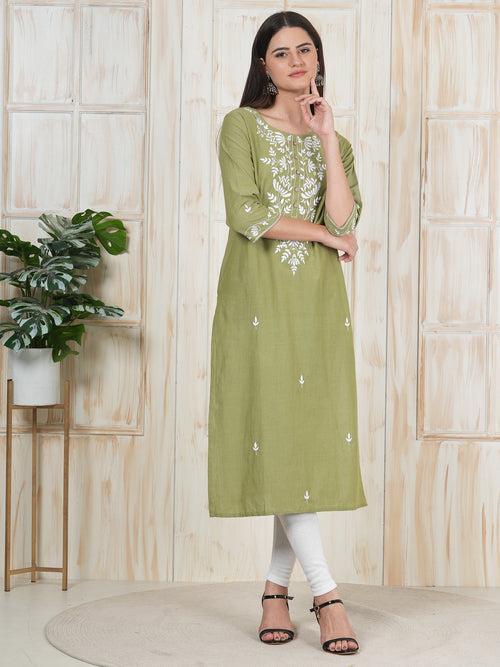 Army Green Hand Embroidered Long Kurti