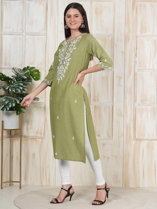 Army Green Hand Embroidered Long Kurti