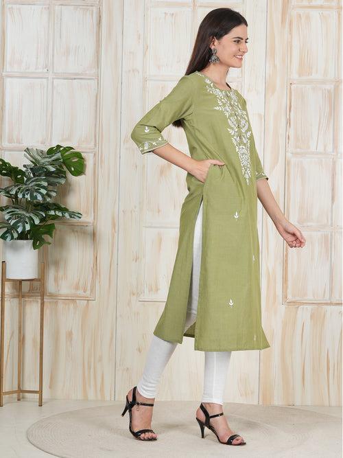 Army Green Hand Embroidered Long Kurti