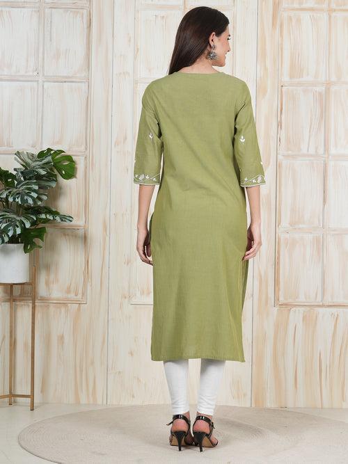 Army Green Hand Embroidered Long Kurti