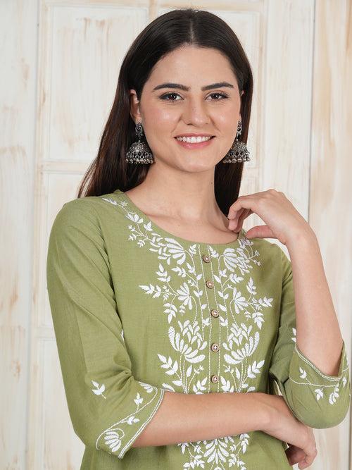 Army Green Hand Embroidered Long Kurti