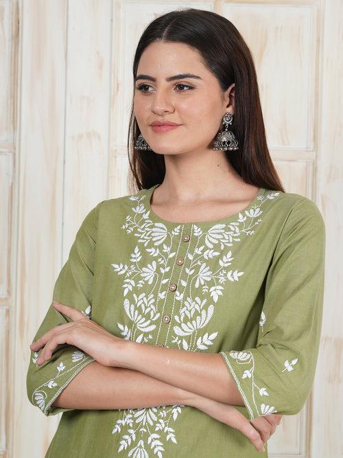 Army Green Hand Embroidered Long Kurti