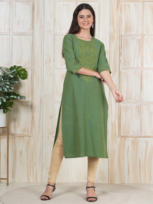 Green Hand Embroidered Long Kurti