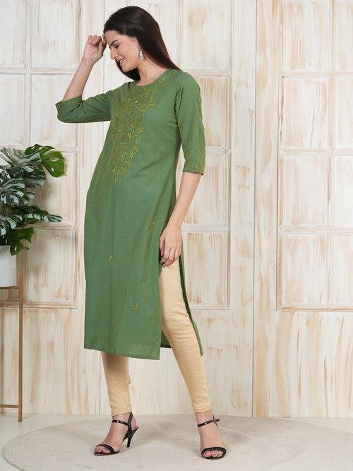 Green Hand Embroidered Long Kurti