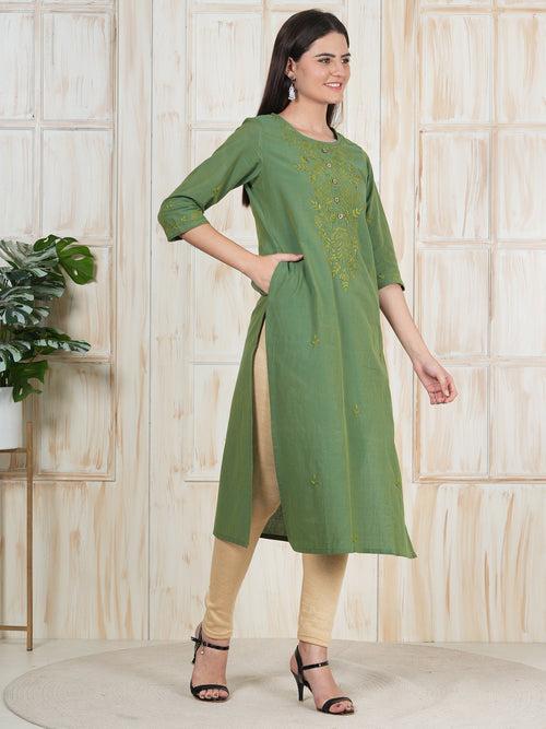 Green Hand Embroidered Long Kurti