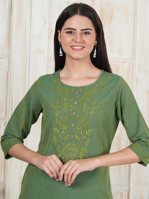 Green Hand Embroidered Long Kurti