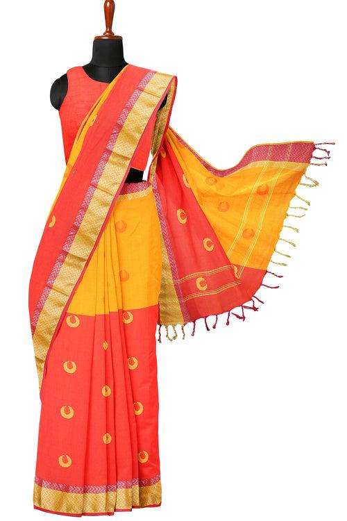 Orange, Magenta Dobby Mercerised Kundalpuri Saree with Silver Zari and Butis