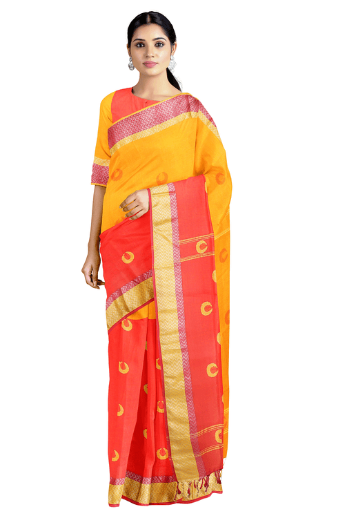 Orange, Magenta Dobby Mercerised Kundalpuri Saree with Silver Zari and Butis