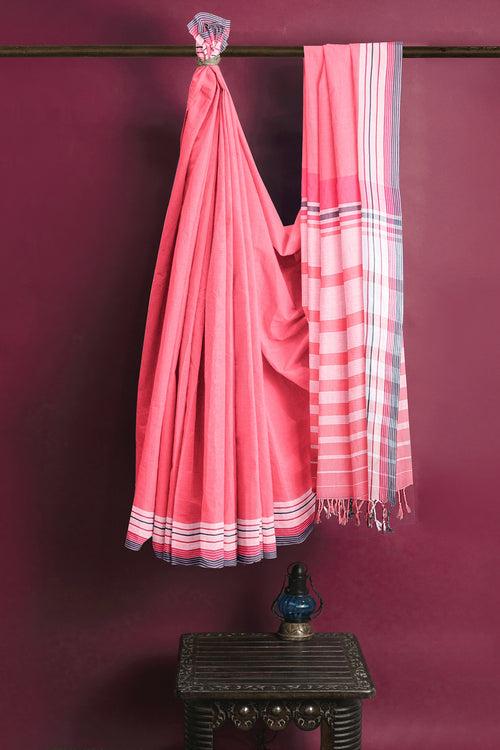 Cerise Pink Saree with Blue Border