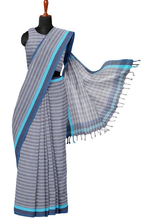 Sleti Saree with White, Blue Stripes Blue Border