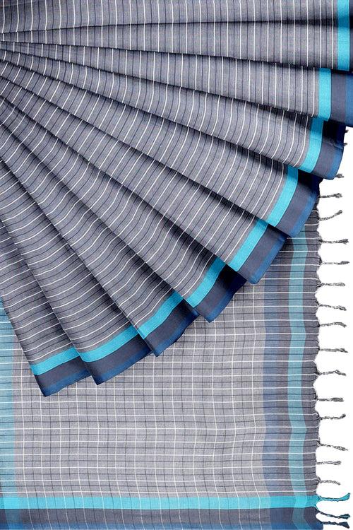 Sleti Saree with White, Blue Stripes Blue Border