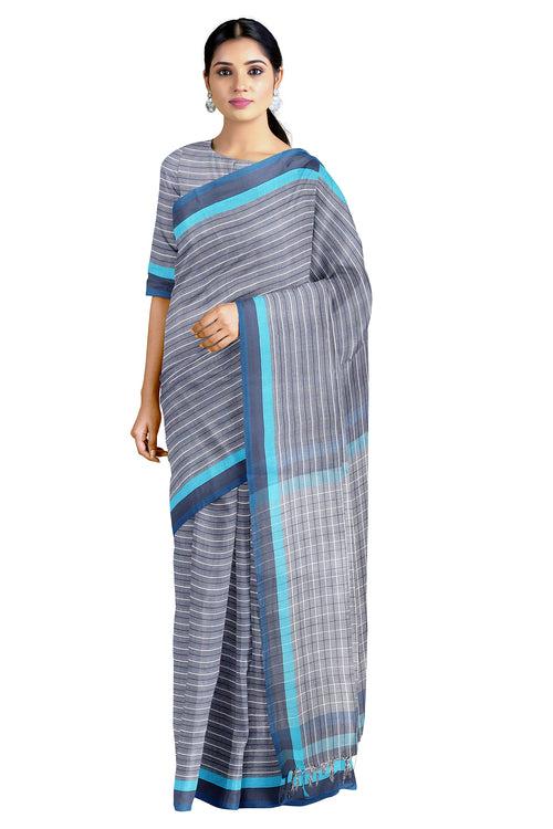 Sleti Saree with White, Blue Stripes Blue Border