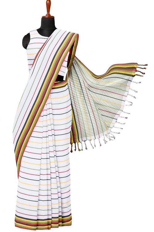 White Saree with Yellow,Green,Red Border