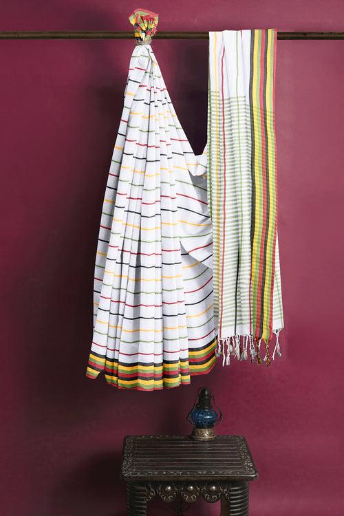 White Saree with Yellow,Green,Red Border