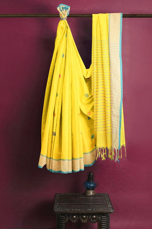 Lemon Yellow Saree with Cream, Blue Border and Butis