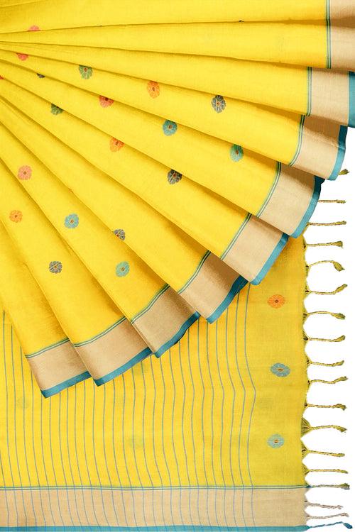 Lemon Yellow Saree with Cream, Blue Border and Butis