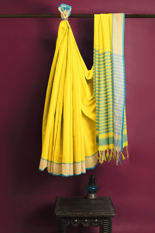 Lemon Yellow Saree with Blue Border