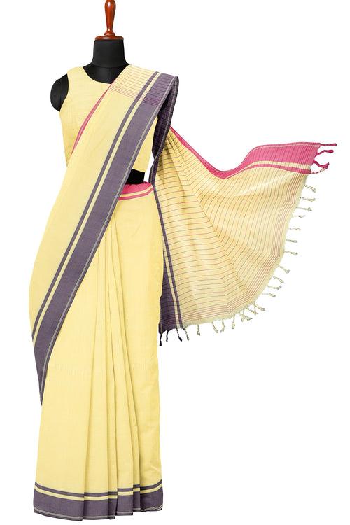 Yellow Saree with Mageta, Blue Border