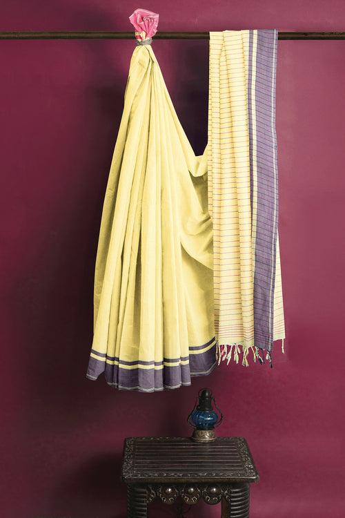 Yellow Saree with Mageta, Blue Border