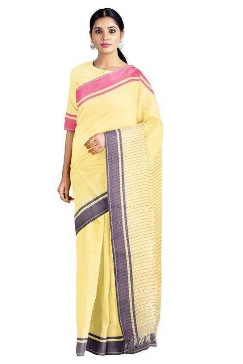 Yellow Saree with Mageta, Blue Border