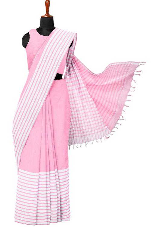 Creamy Pink and White Stripes Saree with Creamy Pink Border