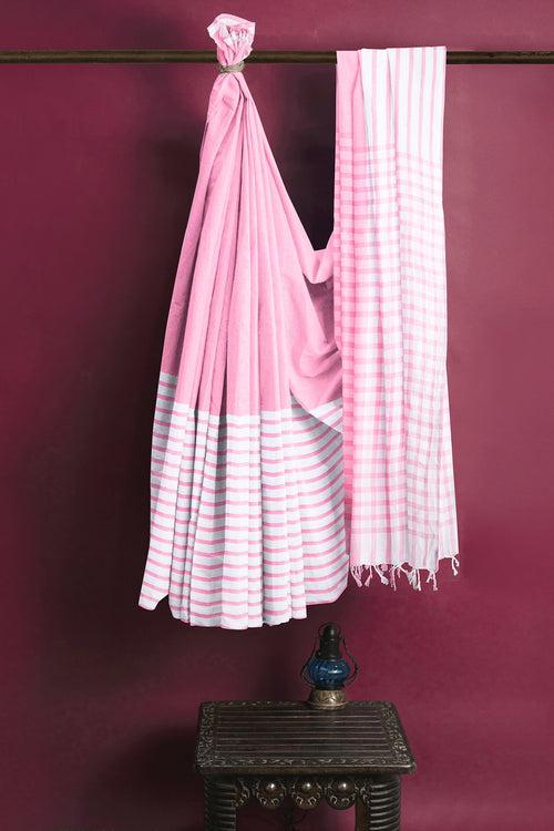 Creamy Pink and White Stripes Saree with Creamy Pink Border