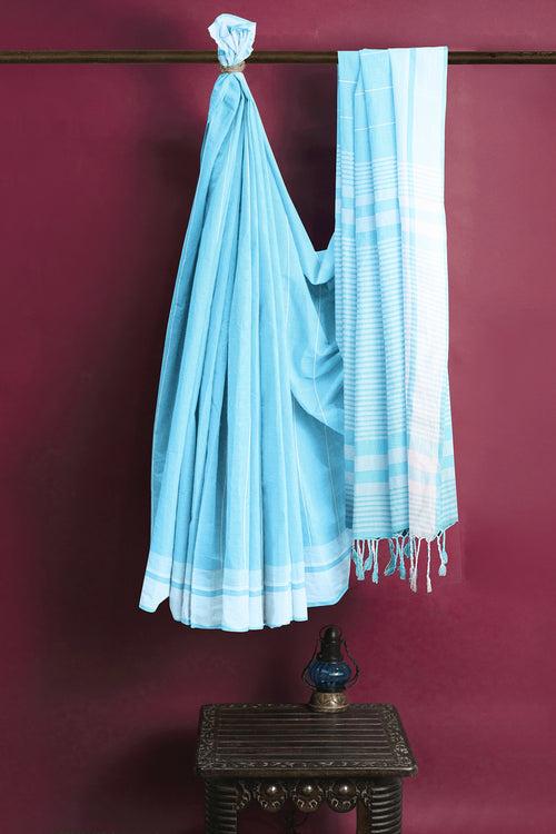 Sky Blue Saree with White Border