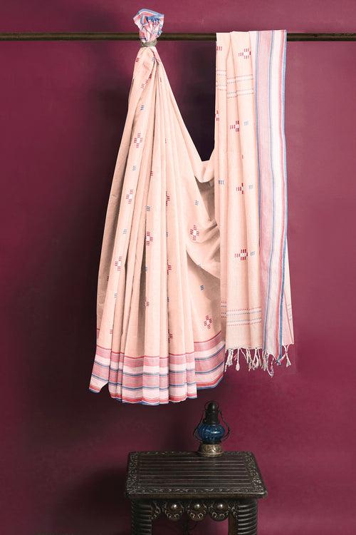 Peach saree with Blue Border and Butis