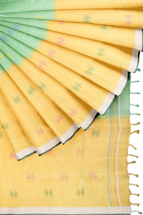 Green and Yellow Champa Pattern Saree with White Border and Butis