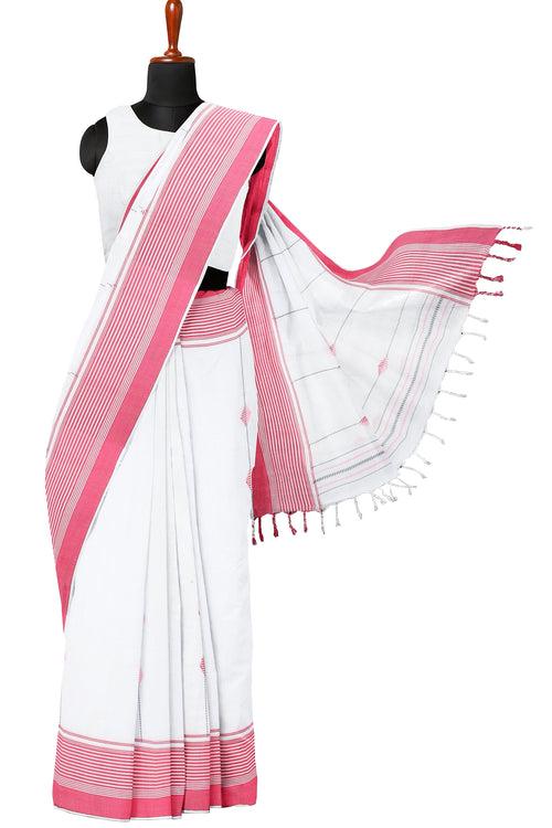 White Saree with Butis and Magenta Border