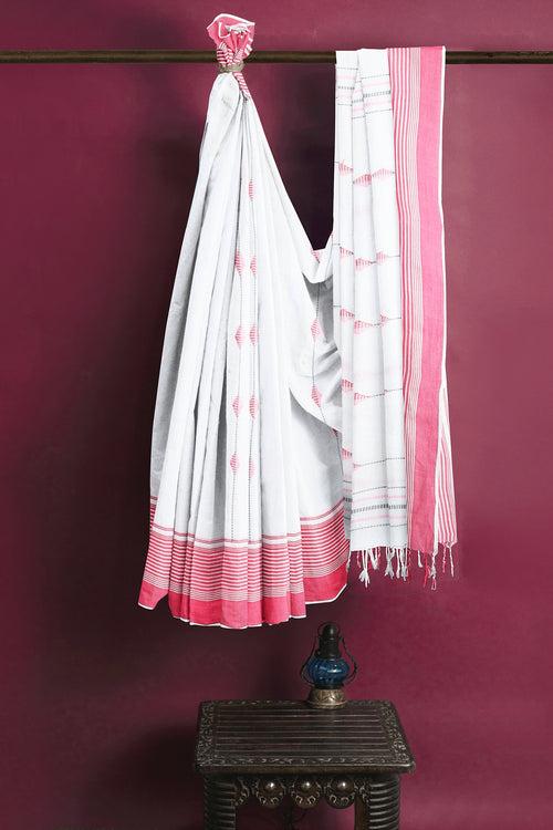 White Saree with Butis and Magenta Border