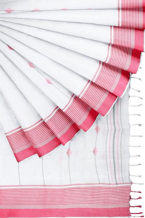 White Saree with Butis and Magenta Border