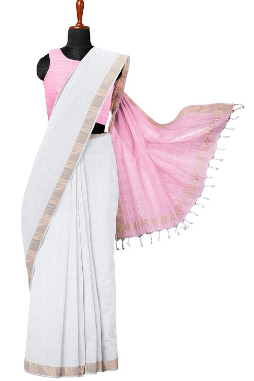 White Saree with pink Pallu and Goldan Zari Border