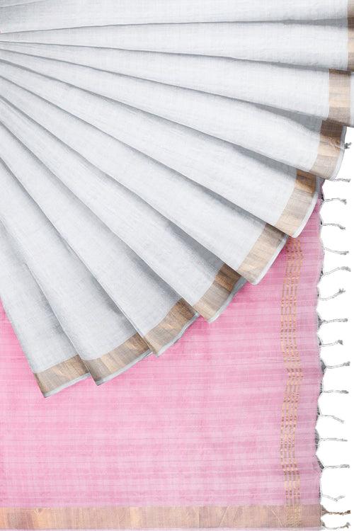 White Saree with pink Pallu and Goldan Zari Border