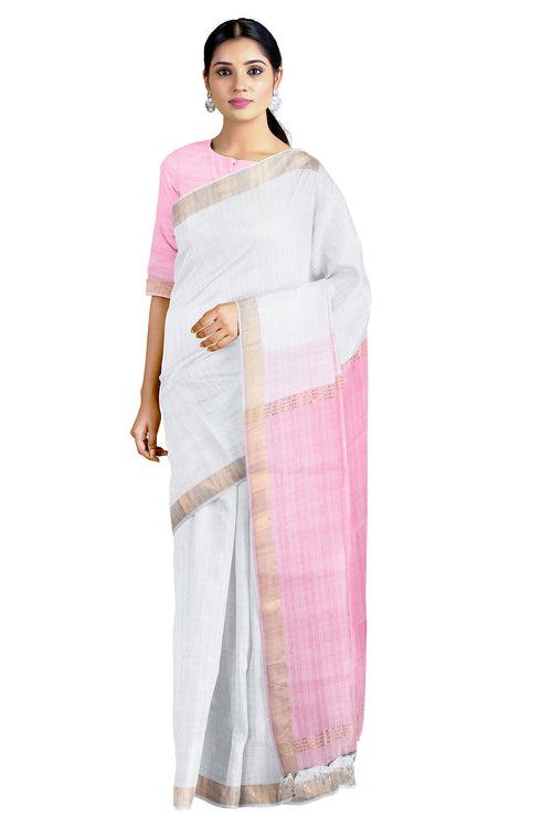 White Saree with pink Pallu and Goldan Zari Border