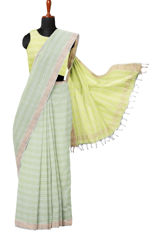 Sea Green Self Check Saree with Goldan Zari Border