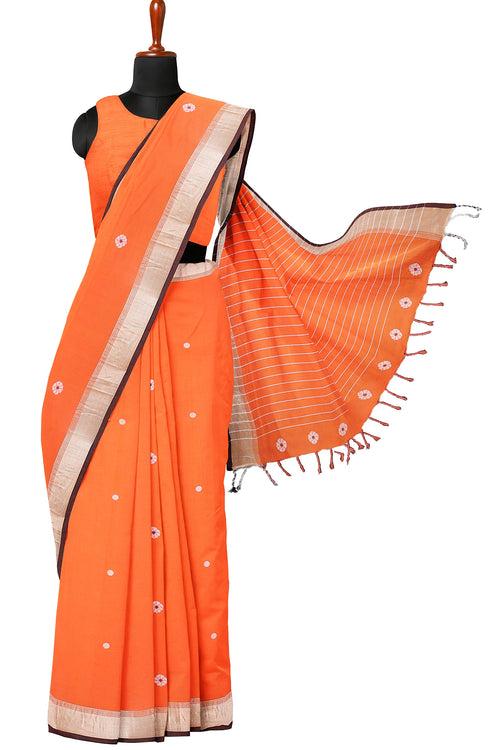 Carrot Orange Mercerised saree with Silver Zari Border and Butis