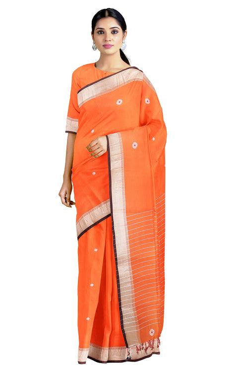 Carrot Orange Mercerised saree with Silver Zari Border and Butis