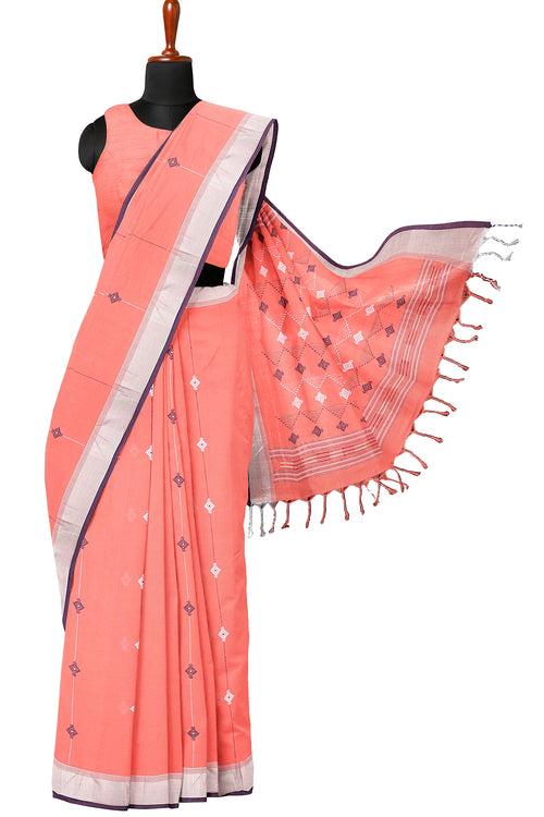 Coral Pink Saree with Silver Zari, Navy Blue Border and Butis